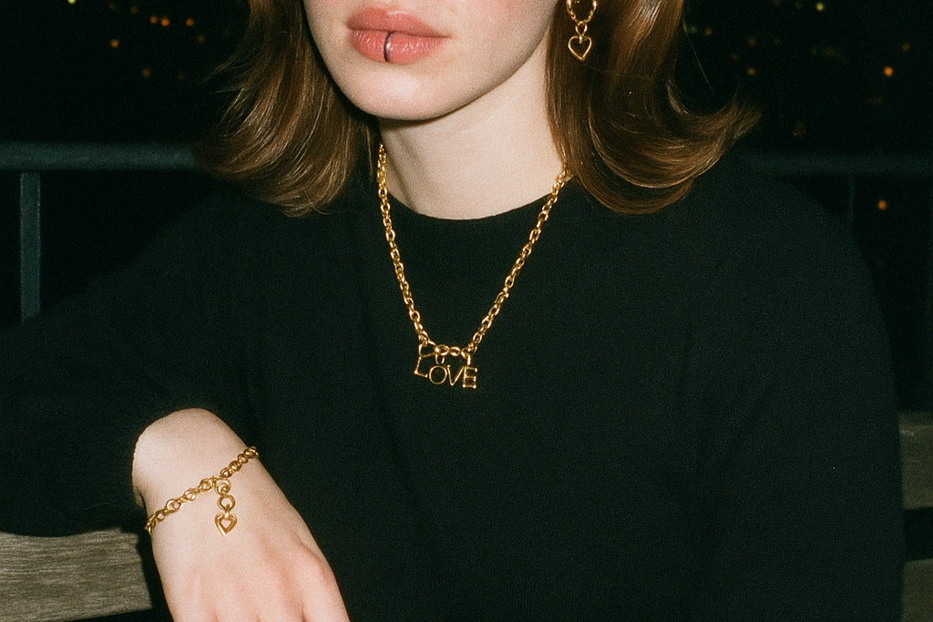 Woman wearing a black sweater and gold jewelry against a dark background