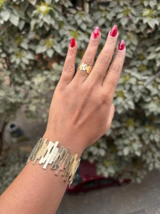 Gold Abstract Statement Cuff Bracelet and ring
