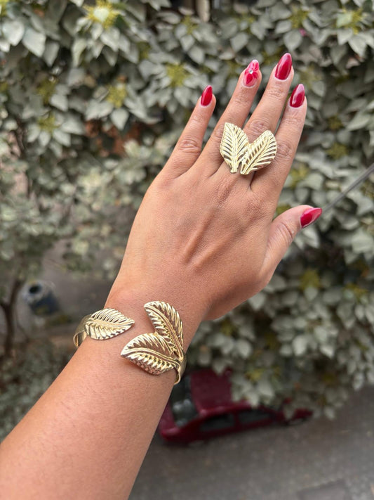 Gold Leaf Open Cuff Bracelet and ring