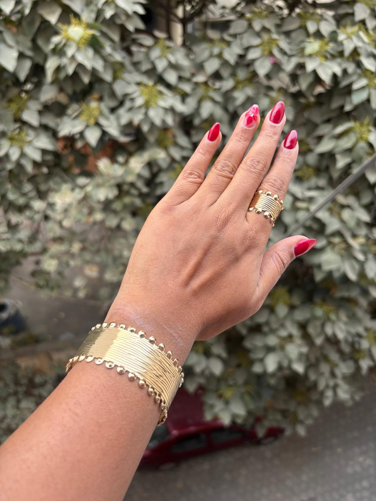 Gold Ribbed Statement Cuff Bracelet and ring