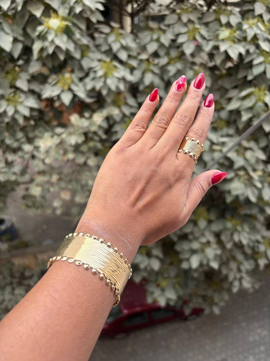 Gold Ribbed Statement Cuff Bracelet and ring